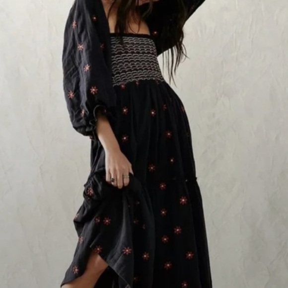 Free People Dresses & Skirts - Free People Dahlia embroidered smocked midi dress in black